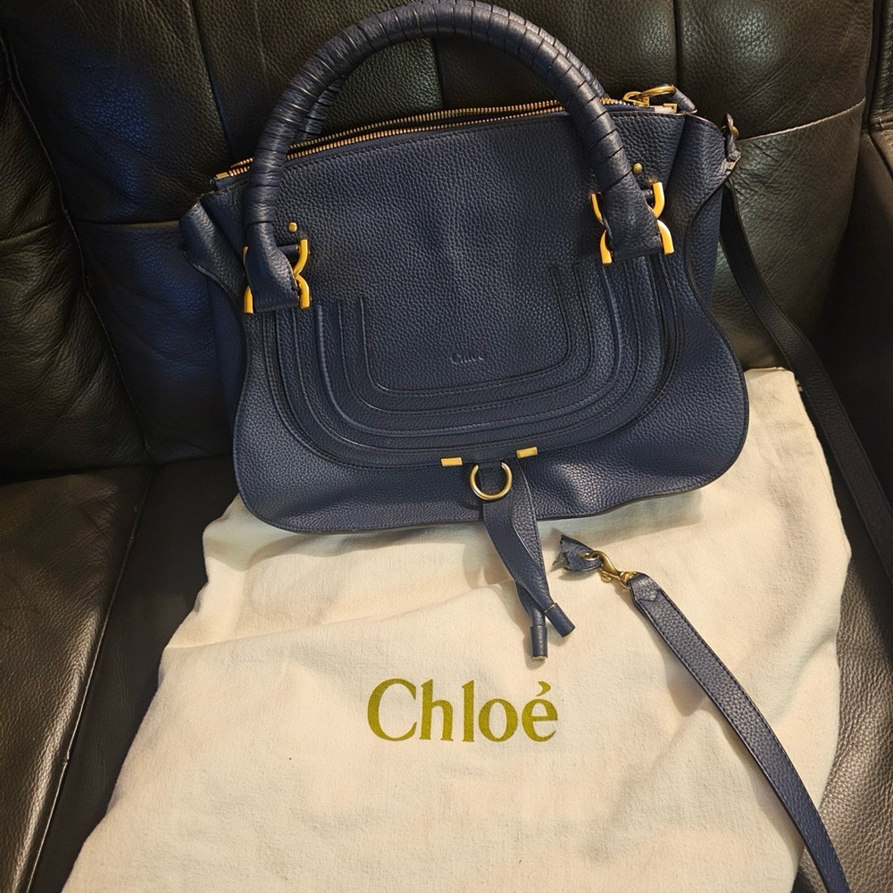 Chloe Blue Shoulder Bag with Textured Leather and Gold Accents